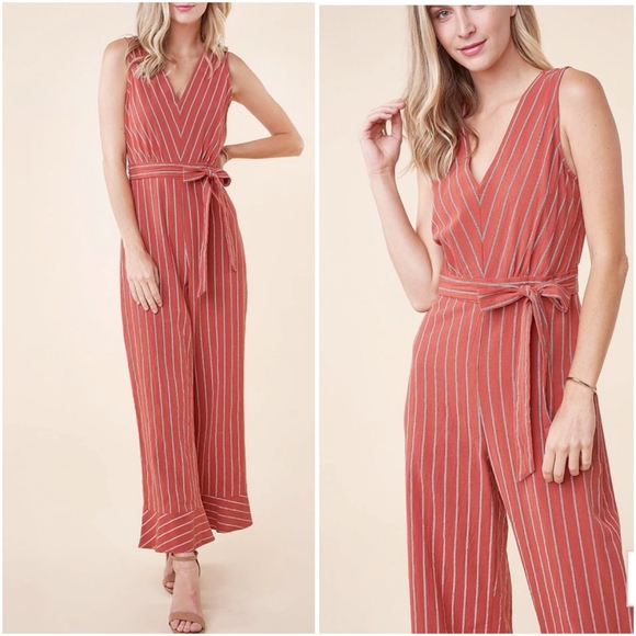 SUGAR + LIPS  Boho Chic Light Rust Striped Jumpsuit - Picture 7 of 9